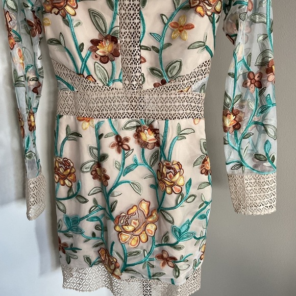 Vone Floral Embroidered Long Sleeve Mini Dress S Small Boho Black Cocktail Small - Picture 3 of 11